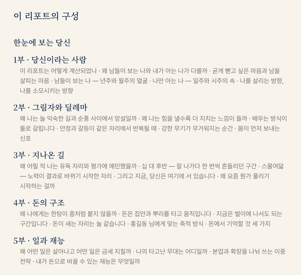 리포트 목차 첫 장 — 한눈에 보는 당신, 1부 당신이라는 사람, 2부 그림자와 딜레마, 3부 지나온 길, 4부 돈의 구조, 5부 일과 재능